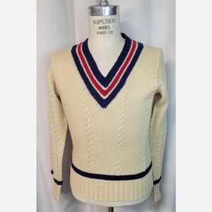 rag & bone Cream V-Neck Sweater with Navy & Red Trim
